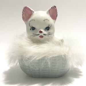 VINTAGE 1950s White Ceramic Cat Figurine in Blue Basket with Faux Fur